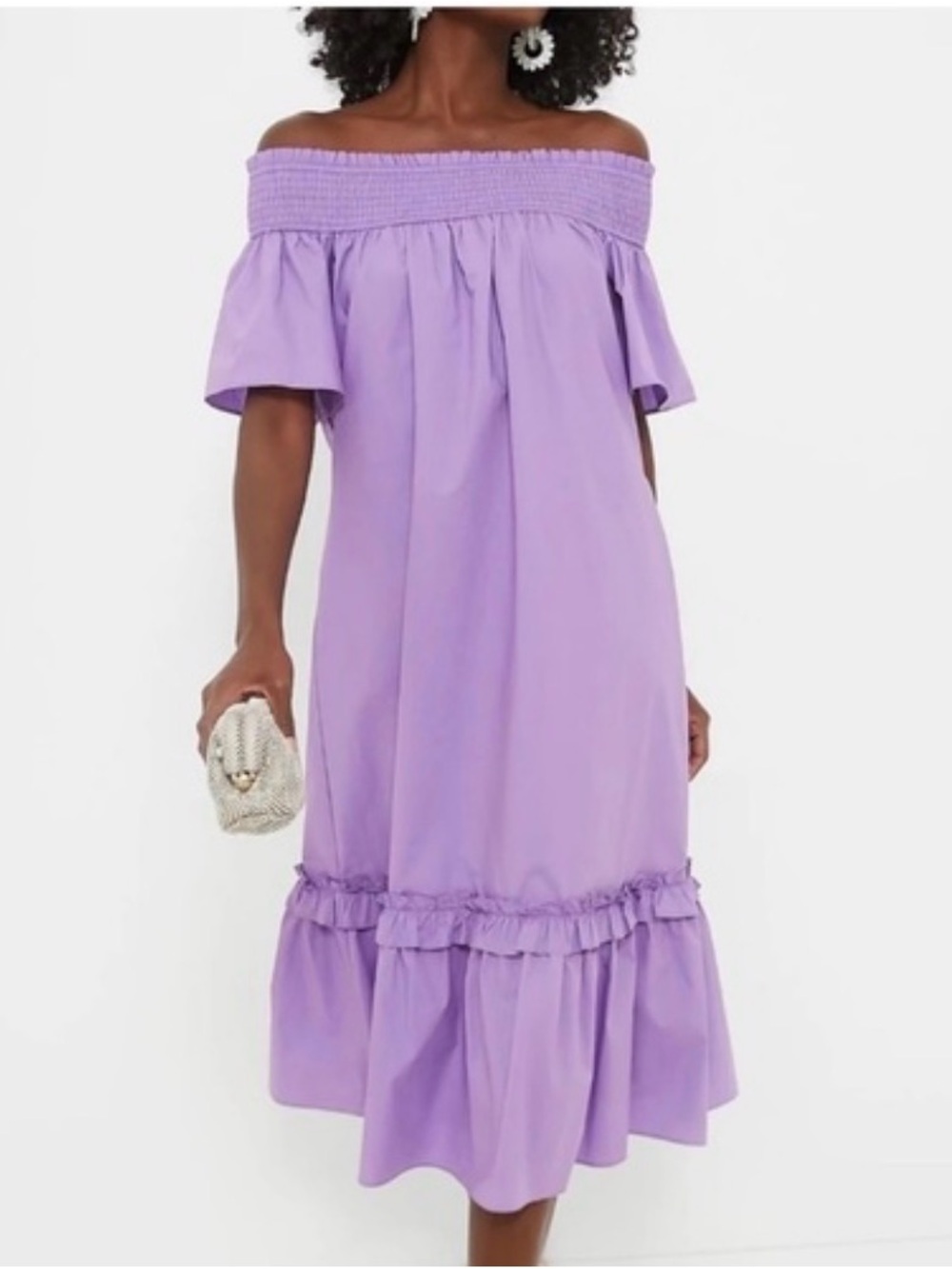 Lavender Off-Shoulder Ruffle-Hem Midi Dress